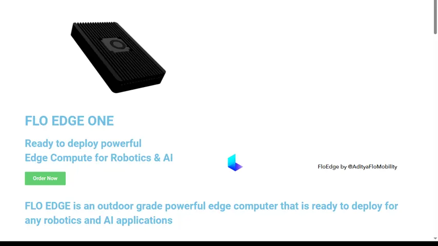The Flo Edge One product page as archived in June 2023: a black aluminium edge computer and the headline Ready to deploy powerful Edge Compute for Robotics and AI