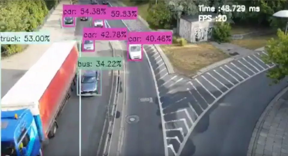 Object detection running on Flo Edge One over a road scene, labelling cars, a truck and a bus with confidence scores