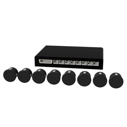 The 8-in-1 sonar kit: a controller box and eight round sonar sensors